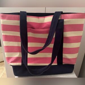 Chic White and Pink Striped Navy Tote Bag